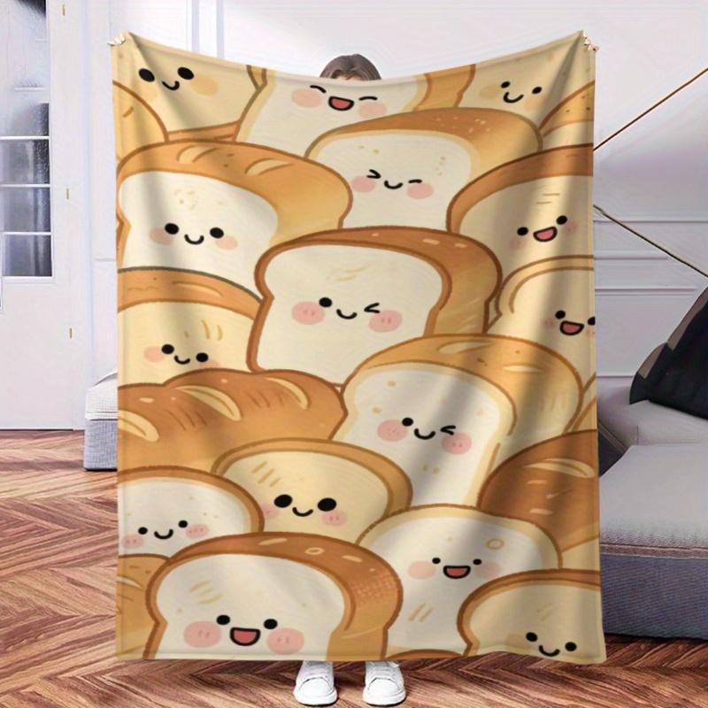Cute Toast Bread Digital Print Flannel Blanket - Whimsical Smiling Bread Design, Soft All-Season Cozy Throw for Bed, Couch 75X95CM