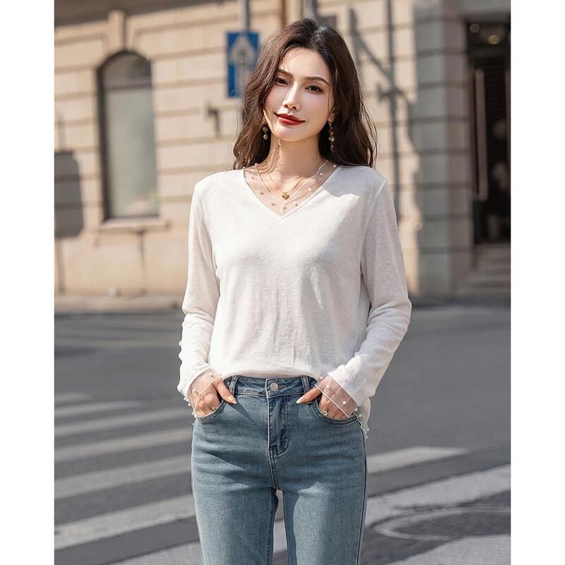 TERRE BLEUE Women's V-Neck Mesh Splicing Long Sleeve T-shirt