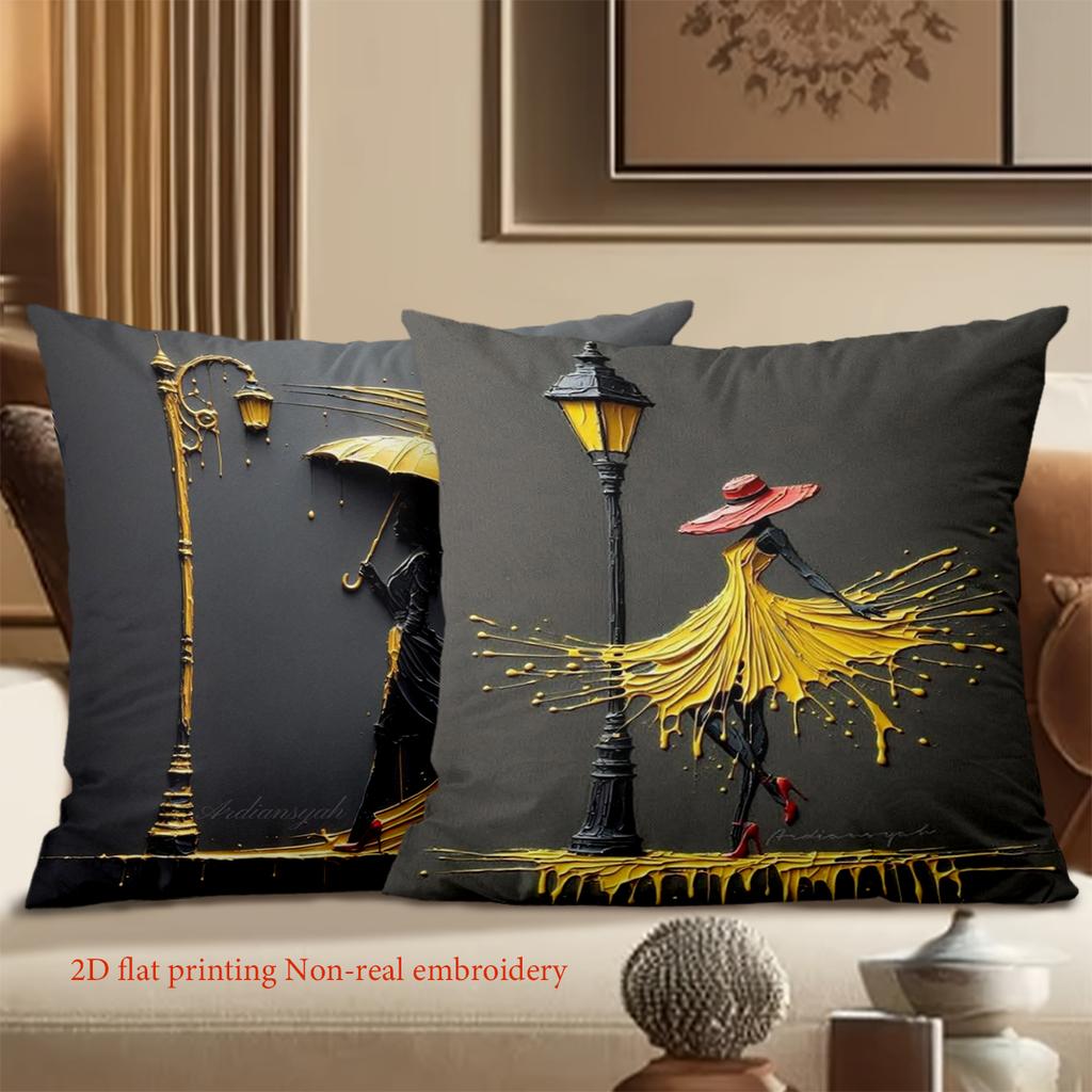 Stylish Women with Umbrellas on Black Pillows 2D Printed Polyester pillowcase, sofa decorative cushion cov Headboard Pillow