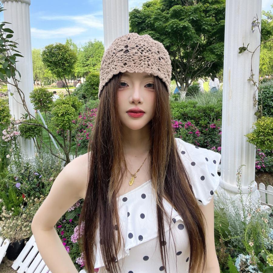 Dámský ručně pletený klobouk ve stylu japonském stylu, tenký dutý vlněný klobouk, retro literární pletený ležérní klobouk