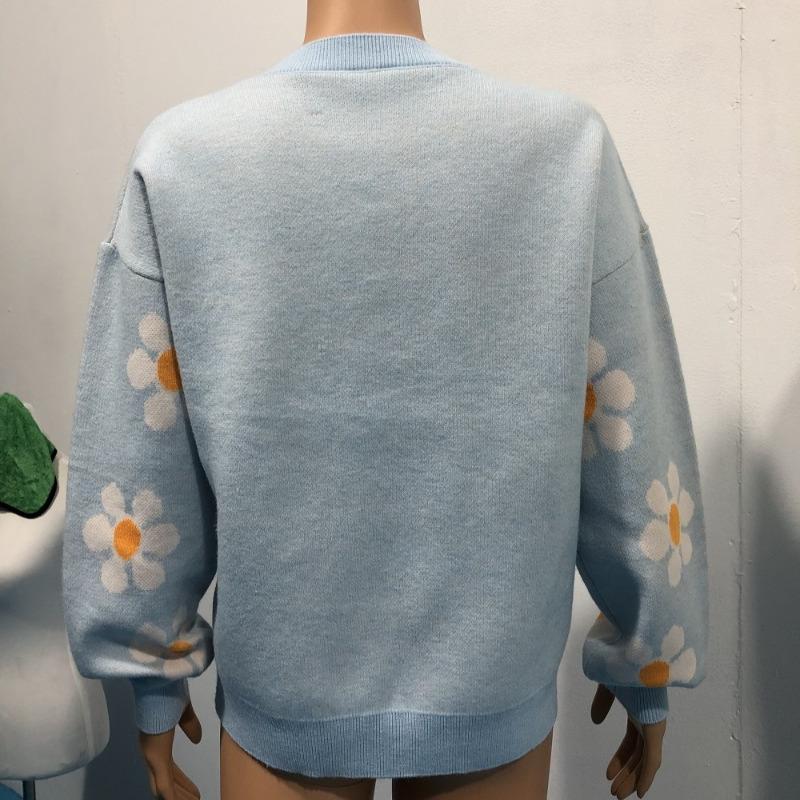 Höst Vinter Rundhals Stickad Pullover Tröja Dam Mode Söt Långärmad Lös Tröjor Dam Krysantemumtryck Varma Stickade Toppar 24638