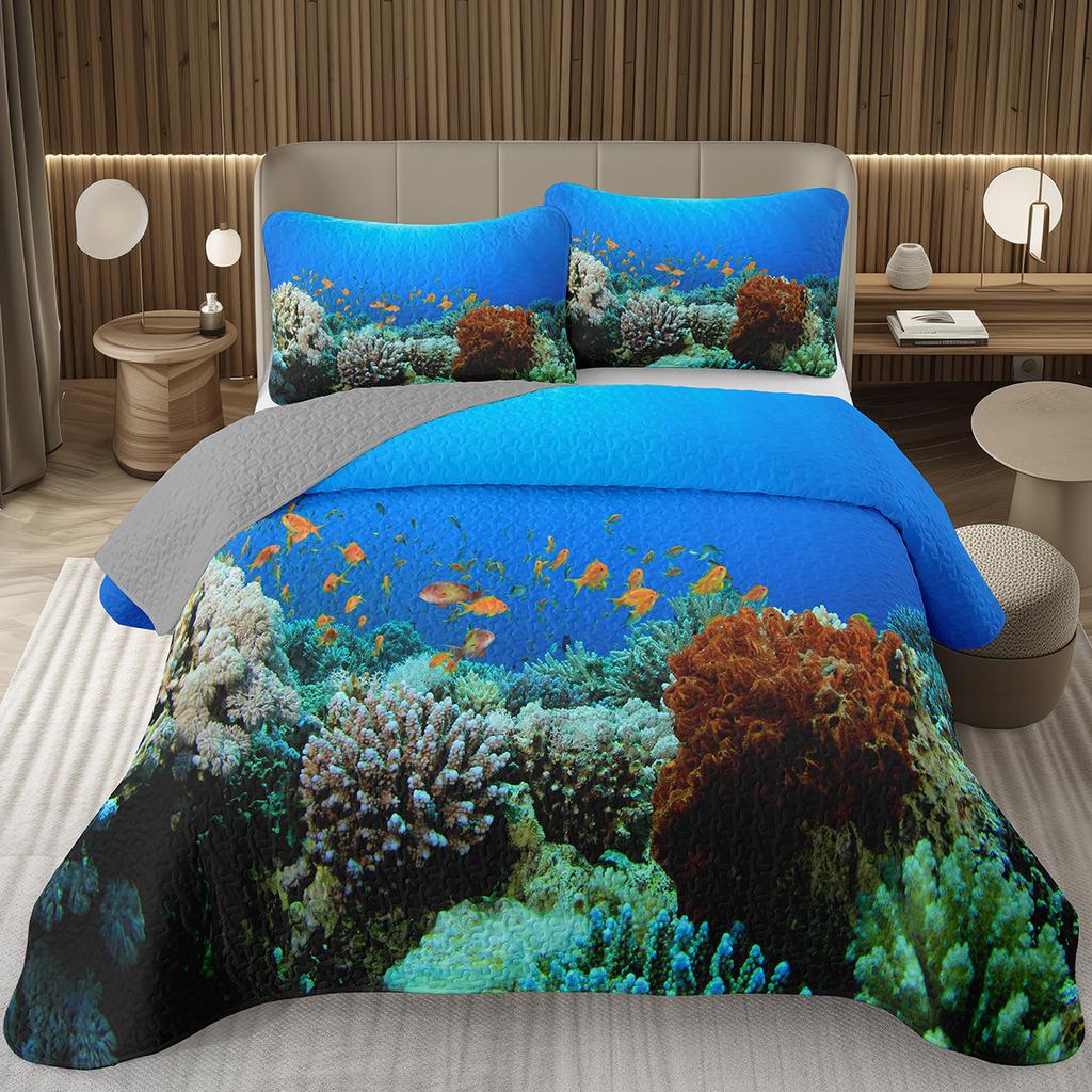 Fish Bedspread Twin Queen Ocean Marine Theme Coverlet Set for Boys Girls Teens Room Soft Lightweight Sea Animal Quilted Bedding