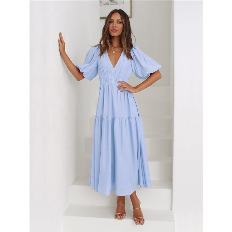 Women's Summer New Product Dress High-end Sense Of Deep V-shaped Sleeves Waist Casual Beach Long Skirt European And American Style Holiday Style