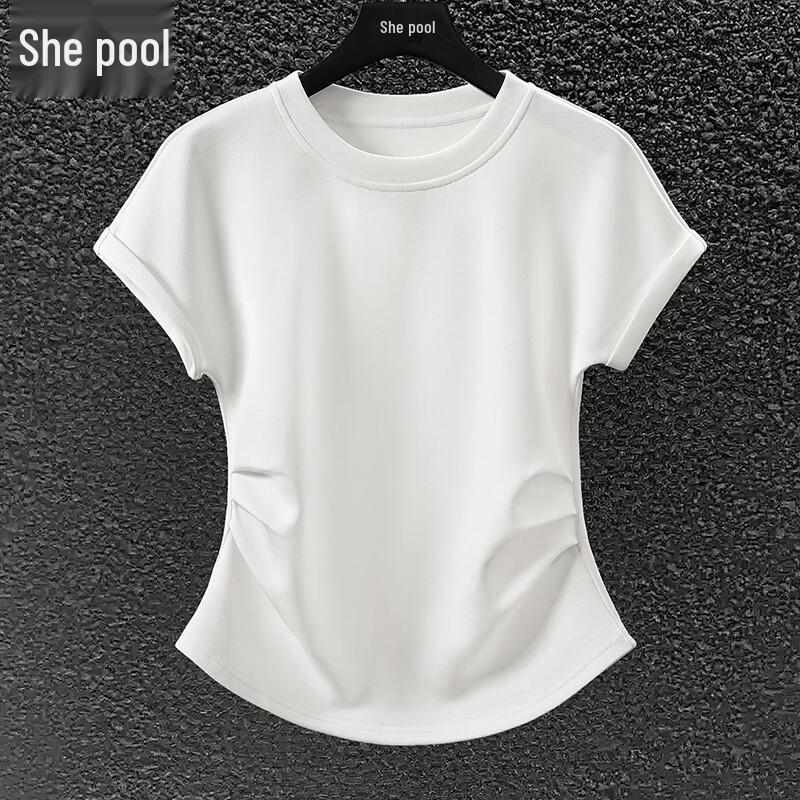 

Elegant Solid Color Round Neck Pleated Slimming T-Shirt M