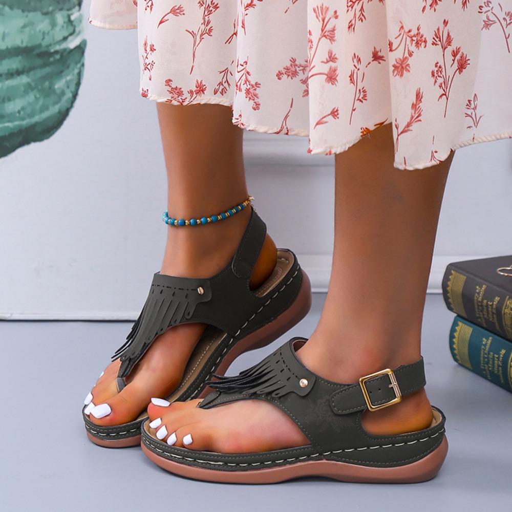 Large Size Tassel Leakage Toe Women's Sandals with Metal Needle Buckle Soft Sole Clip Toe Wedge  Zapatos De Mujer