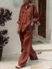 Fashion Solid Cotton Linen Shirt Set for Women Long Sleeve Blouse Top Pockets Pants Suit Female Casual Outfits