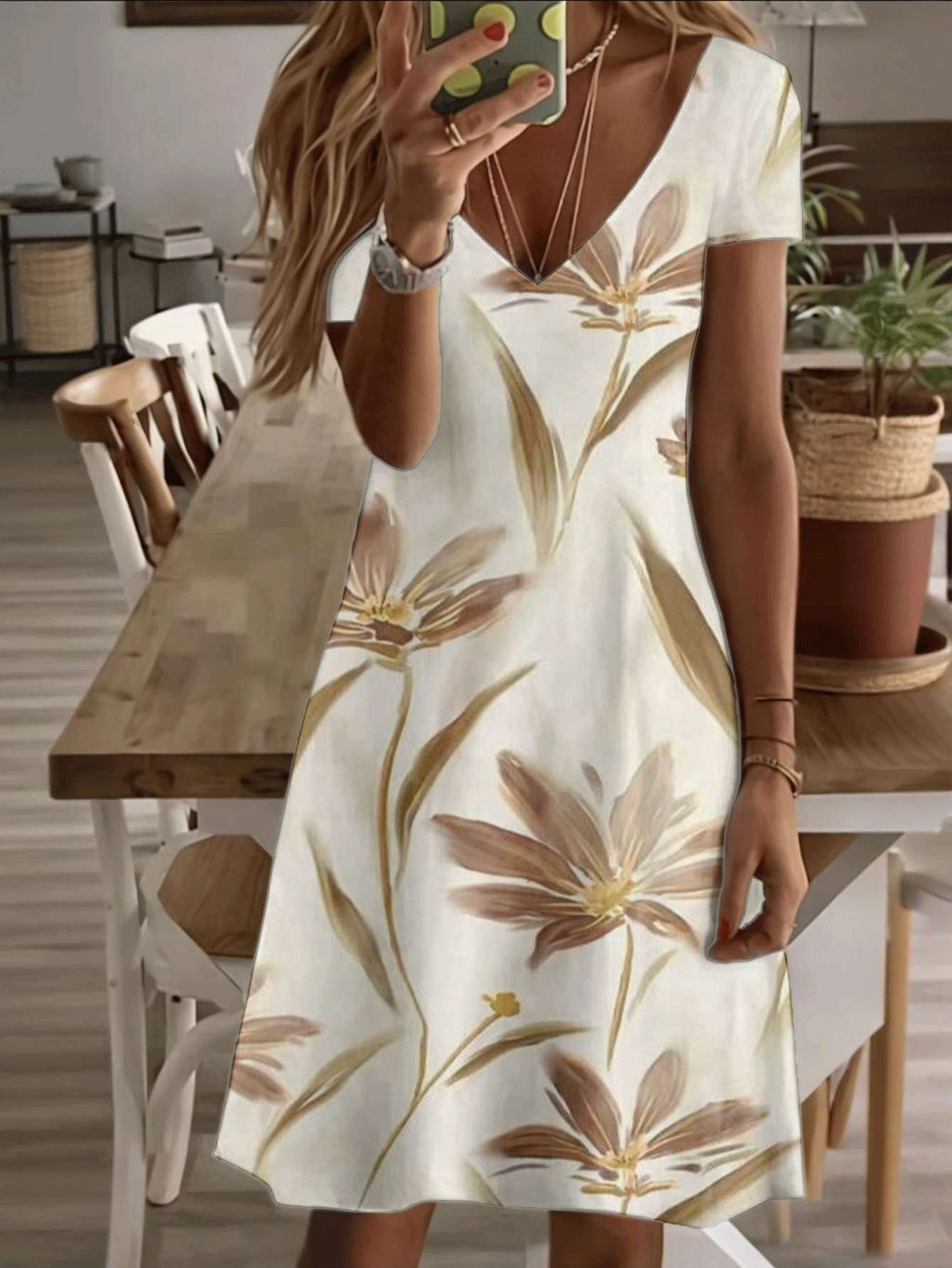 Vneck shortsleeve midi dress floral women’s dress vintage beige flower print pattern 3D highquality printing durable casual fashion elegant summer out M дубильная кора