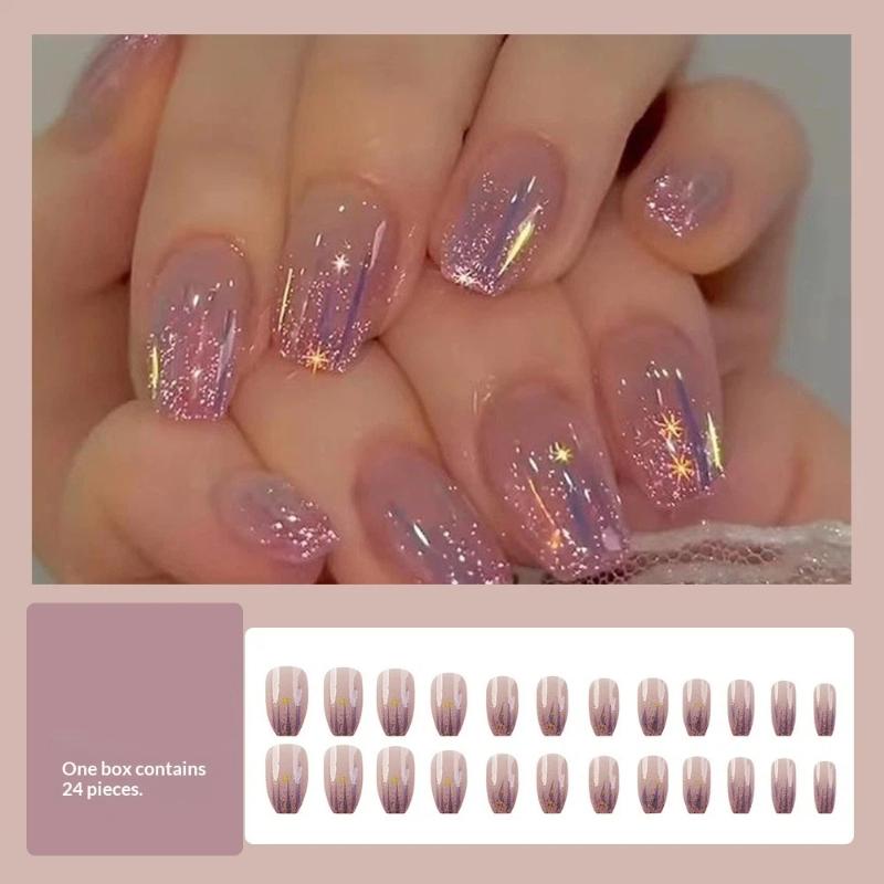 24Pcs Glitter Crush Press-On Nails – Short Square Shape With Mirror Powder Accents Dazzling Fragmented Design