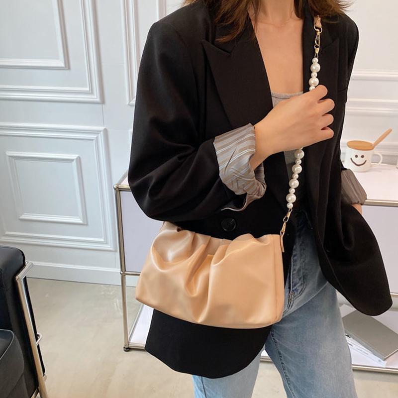 Fashion Pleated Crossbody Shoulder Bag Fashion Cloud PU Leather Small Handbags Purse Women Pearl Luxury Design Underarm Bags
