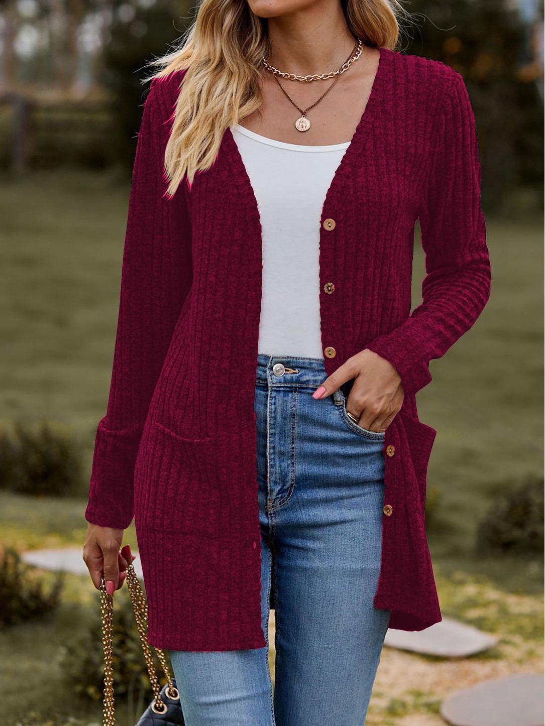 Women s 2026 Solid Color Brushed Striped Cardigan with Buttoned Jacket Design S