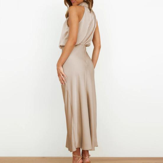 Damen Neckholder, ärmelloses Kleid, schulterfrei, Taille, eng anliegend, hüftumwickelt, lockerer Saum, glatter Satin, Party-Midikleid