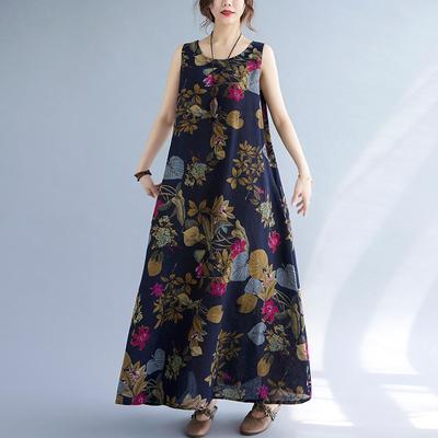 Plus Size Women Summer Retro Floral Print Sleeveless Dress Round Neck Cotton Linen Loose Long Maxi Dresses