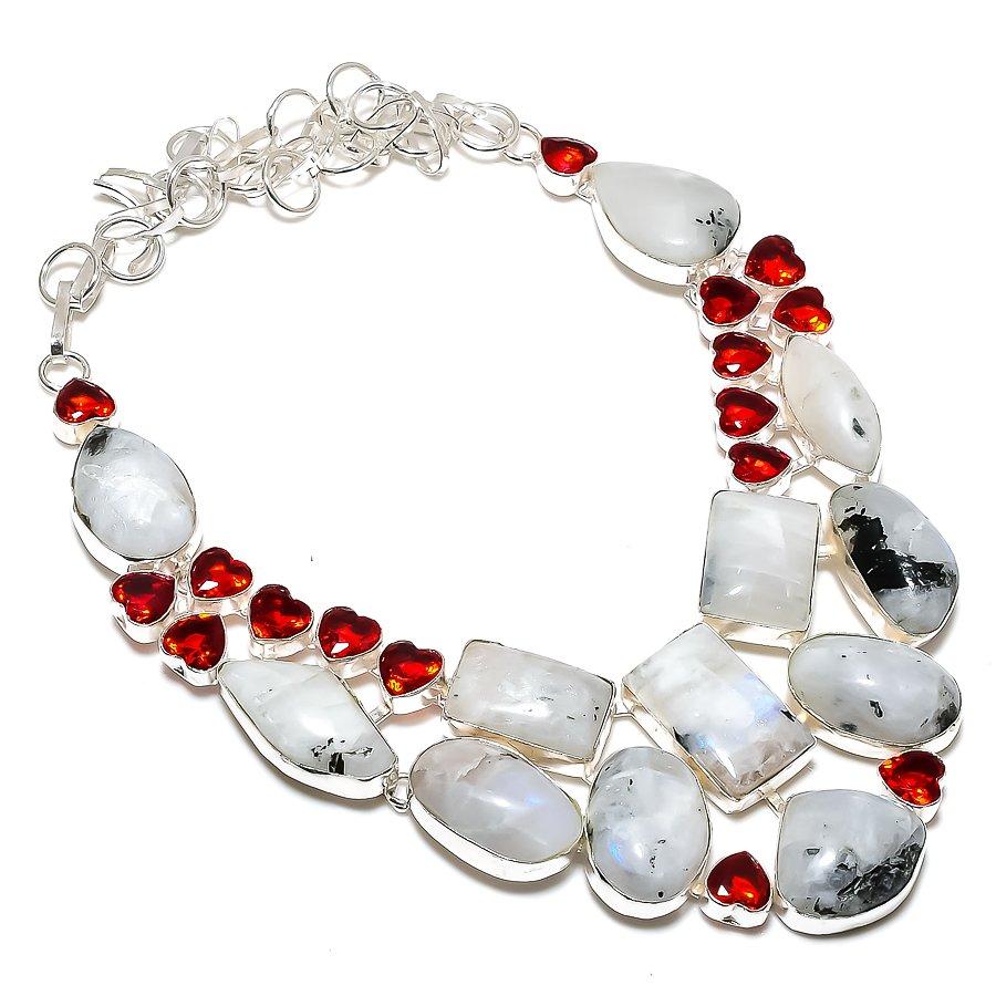 

Ожерелье из стерлингового серебра 925 пробы с натуральным радужным лунным камнем и гранатом, 18 дюймов l4A64