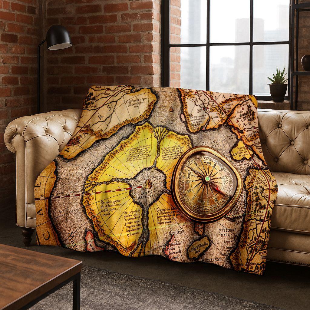 Retro Nautische Karte Kompass Schatzkarte Flanell Decke, Gemütliche Weiche Überwurfdecke für Zuhause Schlafzimmer Bett Sofa Abdeckung Geschenk Kinder
