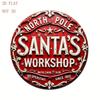 Santa Workshop Metal Tin Sign Vintage Christmas Wall Art North Pole Round Decor