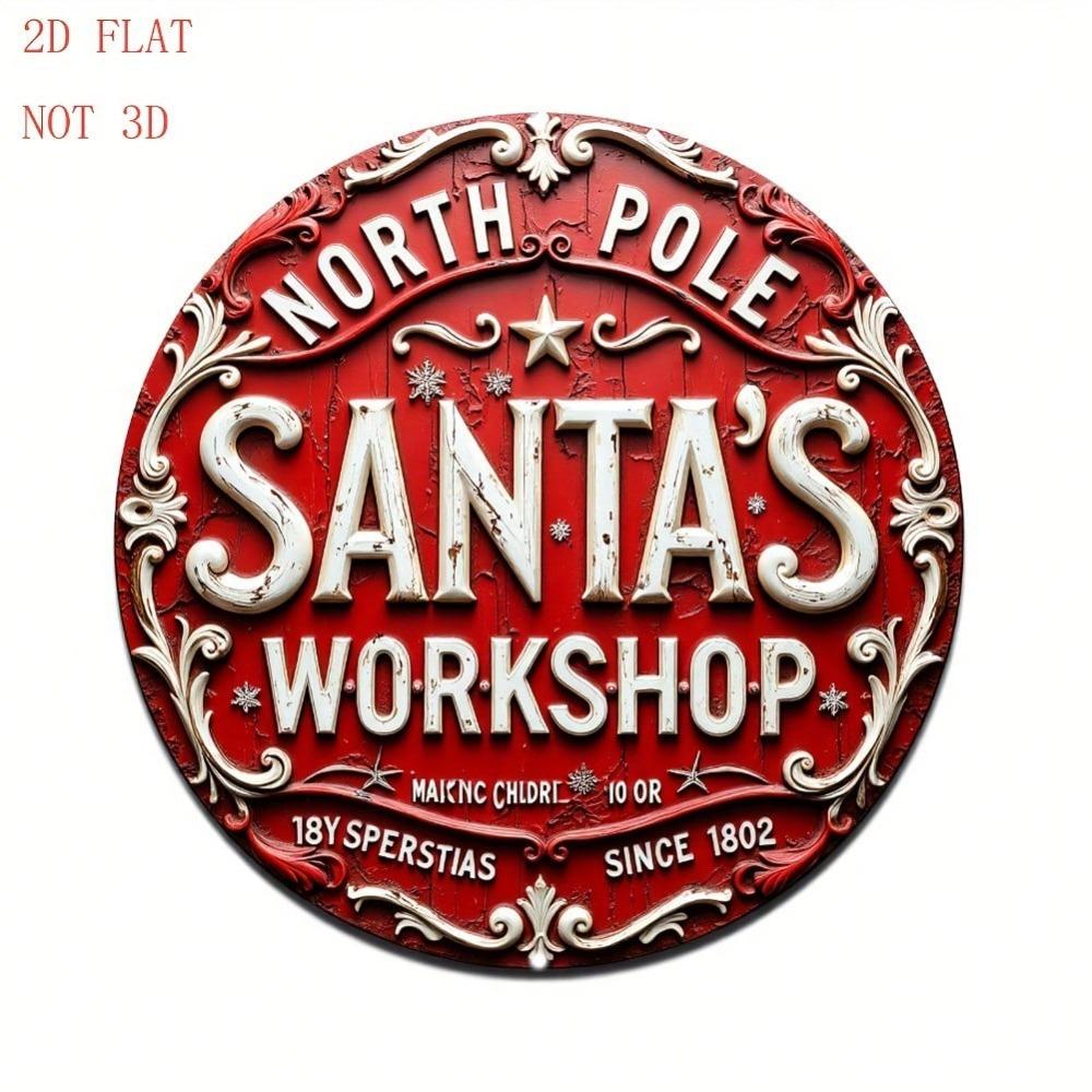Santa Workshop Metal Tin Sign Vintage Christmas Wall Art North Pole Round Decor
