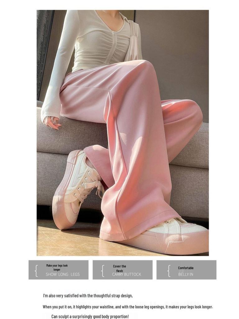 Women's Pink Ice Silk Wide-Leg Pants: Summer Thin High Waist, Straight-Leg Casual Style for Spring and Autumn