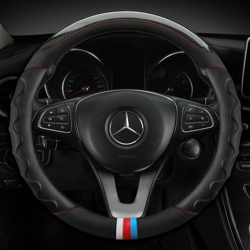 Skórzana osłona na kierownicę do samochodu z włókna węglowego do modeli Mercedes Ben AMG 38cm A C CLA E GLA GLC GLE S B CLS klasa