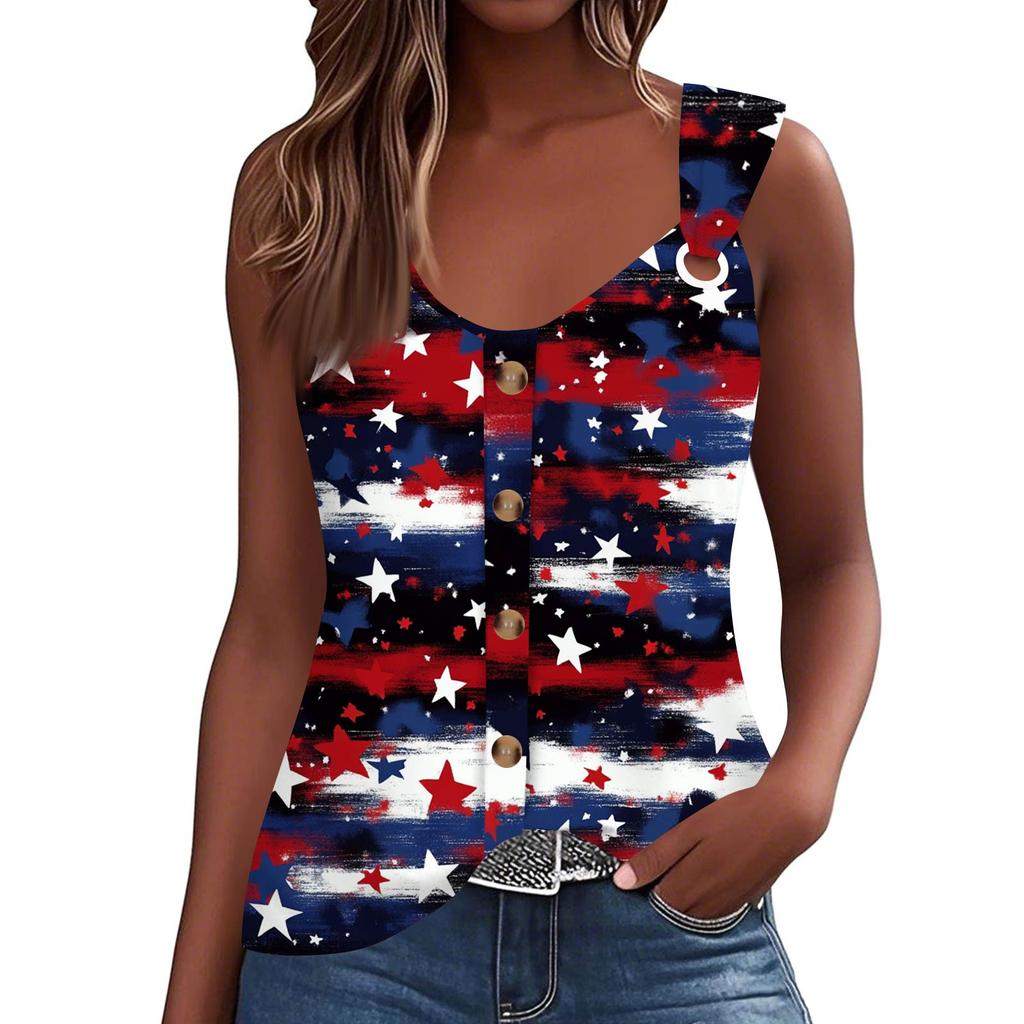 Women's Fashion Casual Loose Sleeveless Buttoned V-Neck Independence Day Printed T-Shirt Top