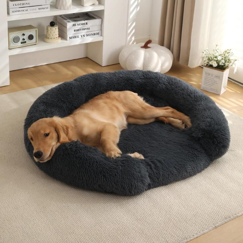 New Round Plush Pet Bed - Winter Warm Dog Cat Bed with Long Fur Cozy Sleeping Mat Cushion for Small Medium Pets