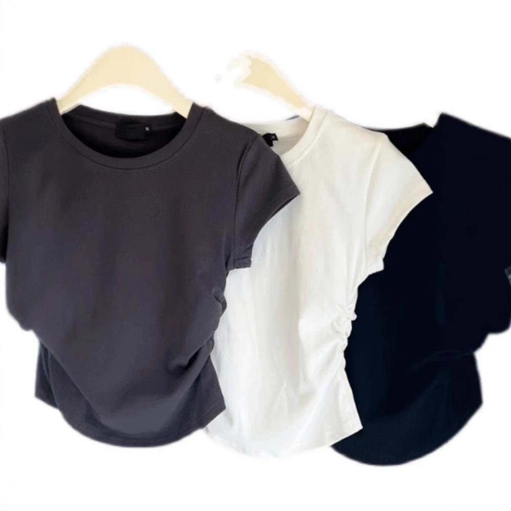 2024 Spicy Girl Waist-Hugging Short-Sleeve Round Neck T-Shirt for Women - Summer Solid Color