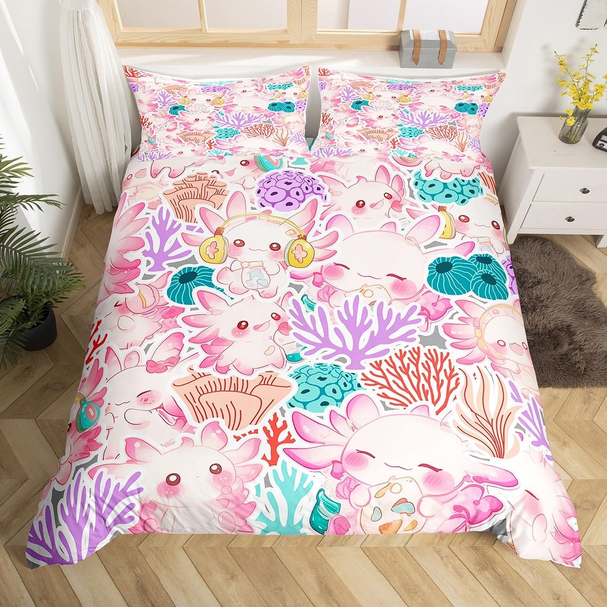 

Cartoon Axolotl Duvet Cover For Boys GirlOcean Wildlife Axolotl Bedding Set Twin KingBotanical Comforter Cover With Pillowcase AU Single(140*210cm)3pcs