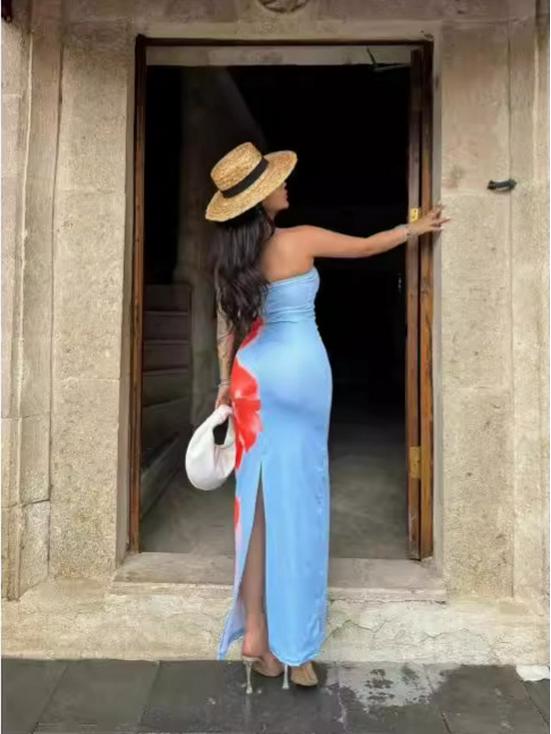 European & American Style Sexy Slim Fit Strapless Printed Long Dress with Side Slit for Women