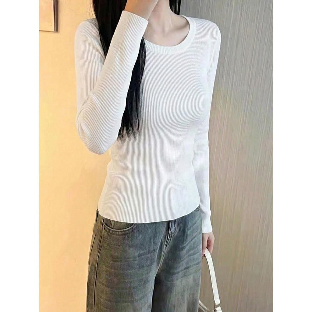 Women's Solid Color Long-Sleeved Slim Fit Round Neck T-Shirt
