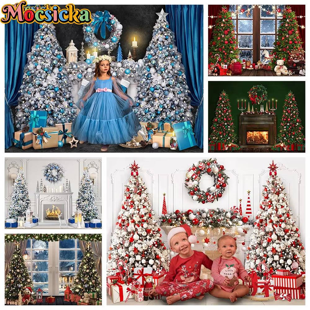 Mocsicka Christmas Photography Background Winter Indoor Xmas Tree Fireplace Window Gift Decoration Photo Backdrop Prop Photocall