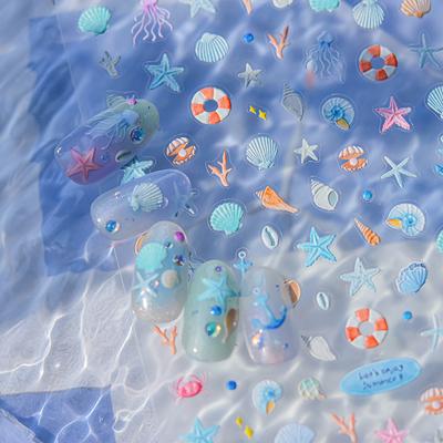 5D Summer Sea Shell Nail Sticker Shiny Embossed Starfish Nails Stickers Summer Beach Wine Glass Jellyfish Nail Decals Decoration