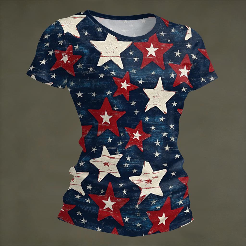 Women's Fashion Round Neck Independence Day Print Short Sleeve Loose Crewneck T-Shirt Top