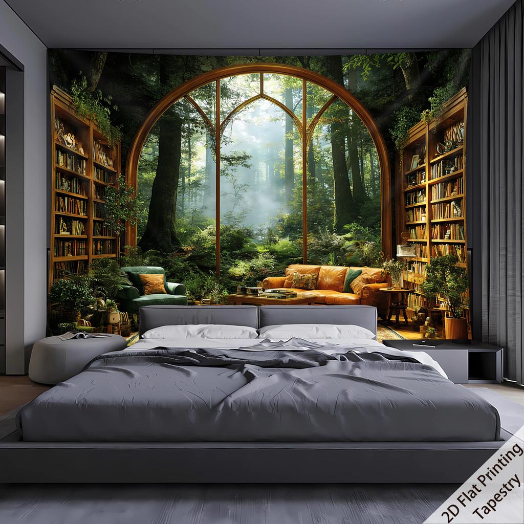Forest Tapestry Wall Hanging Arched Window View Green Woods Library Bookshelf Tapestry Boho Home Decor for Bedroom Living Room