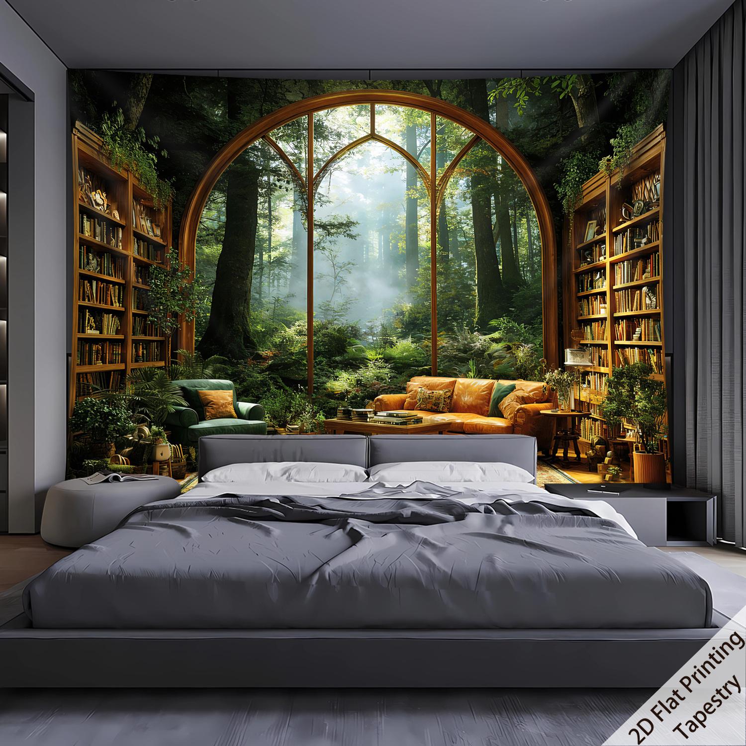 Wald Wandteppich Bogenfenster Aussicht Grüne Wälder Bibliothek Bücherregal Tapisserie Boho Heimdeko für Schlafzimmer Wohnzimmer 150X180CM gray