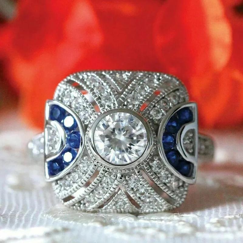 

Huitan Noble Lady Rings Hollow Pattern with Blue Cubic Zirconia Exquisite Copper Color Rings Daily Wear Party Vintage Zircon 10