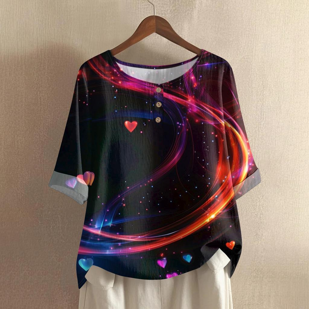 Damska casualowa i wygodna bawełniano-lniana bluzka z okrągłym dekoltem, średniej długości, z modnym nadrukiem