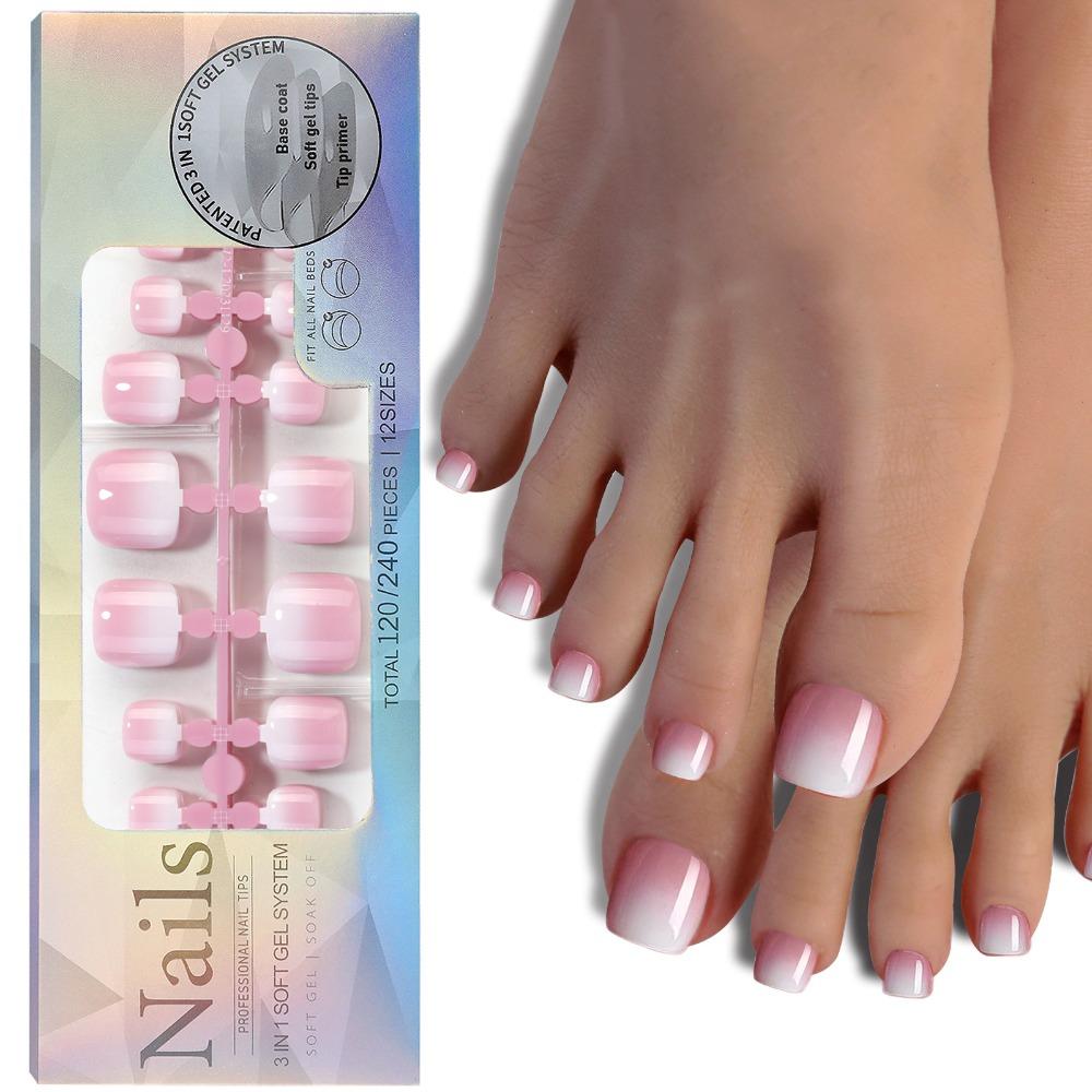 12 Größen Künstliche Zehennägel Hellrosa Französische Zehennägel Natürliche Gel-Zehennagelspitzen Für Damen