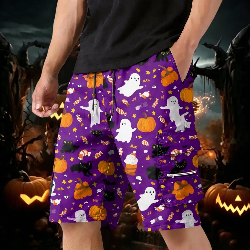 Men's Halloween Cargo Shorts with Multiple Pockets, Drawstring Waist, Casual Work Shorts for Costume Party, Summer Outdoors, Beach, Hiking, Daily Wear