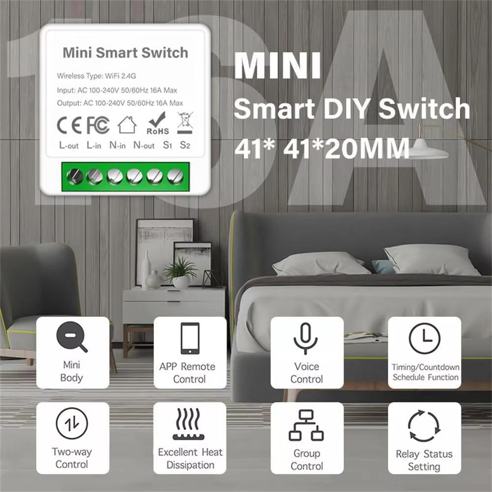 Tuya WiFi Mini Smart Switch 16A/20A DIY Relay Breaker 2-Way Control Timer Voice Control Smart Home