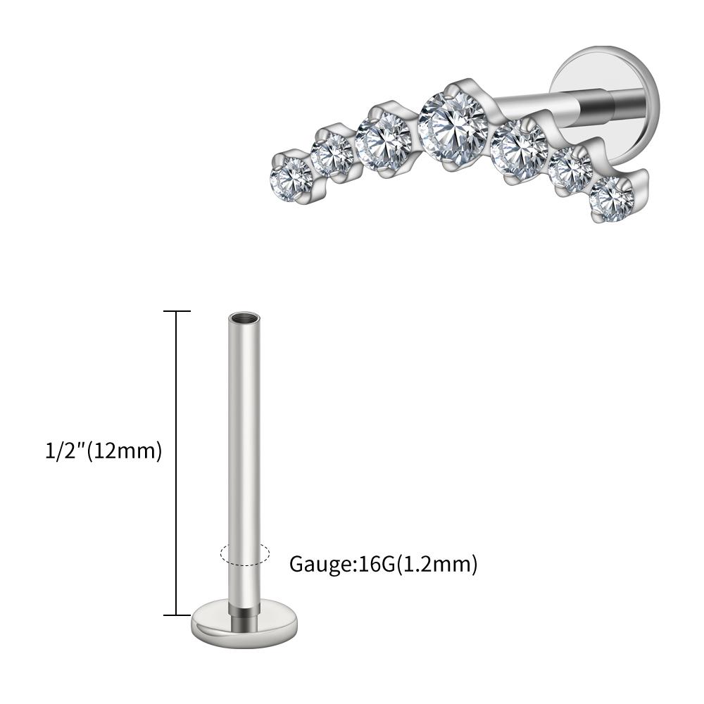 Pravý Velký ASTM F136 Titan 16G CZ Seskupený Climber Stud Náušnice Labret Helix Tragus Chrupavka Stud Plochý Zadní Piercing