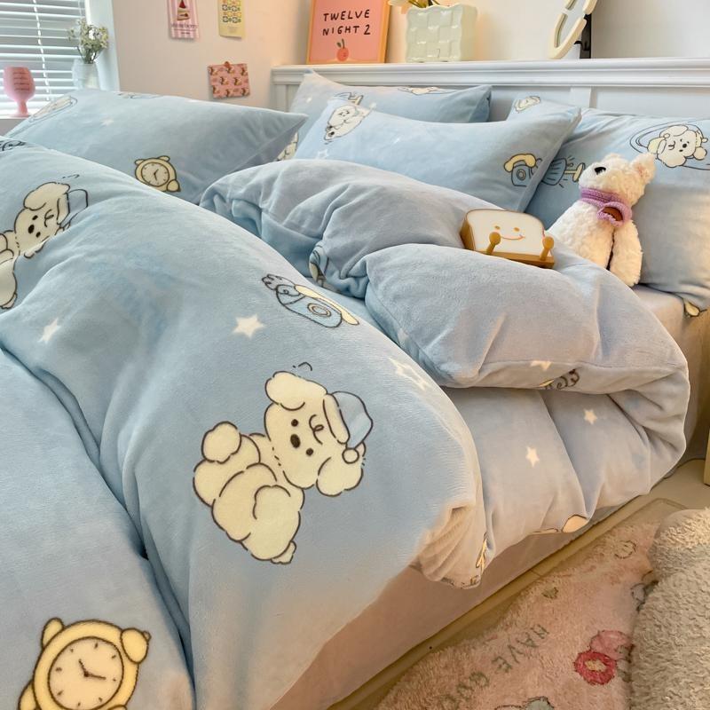 Thickened Milk Fleece Bed Four-Piece Set, Double-Sided Fleece Coral Fleece Quilt Cover, Bed Sheet Three-Piece Set