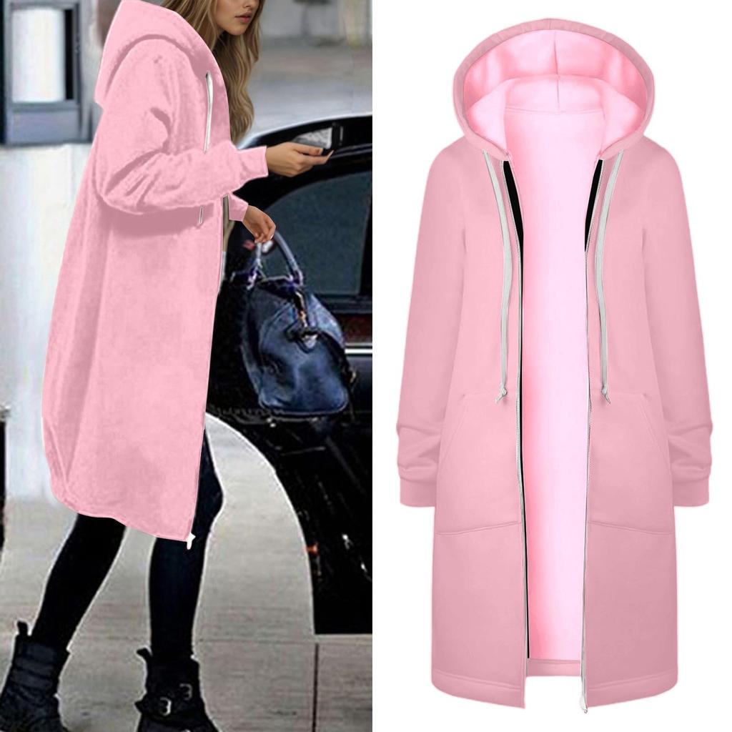 Women's Fashionable Solid Color Long Sleeved Pocket Long Hoodies Zipper Casual Coat Fall Jackets Sweatshirts Clothes