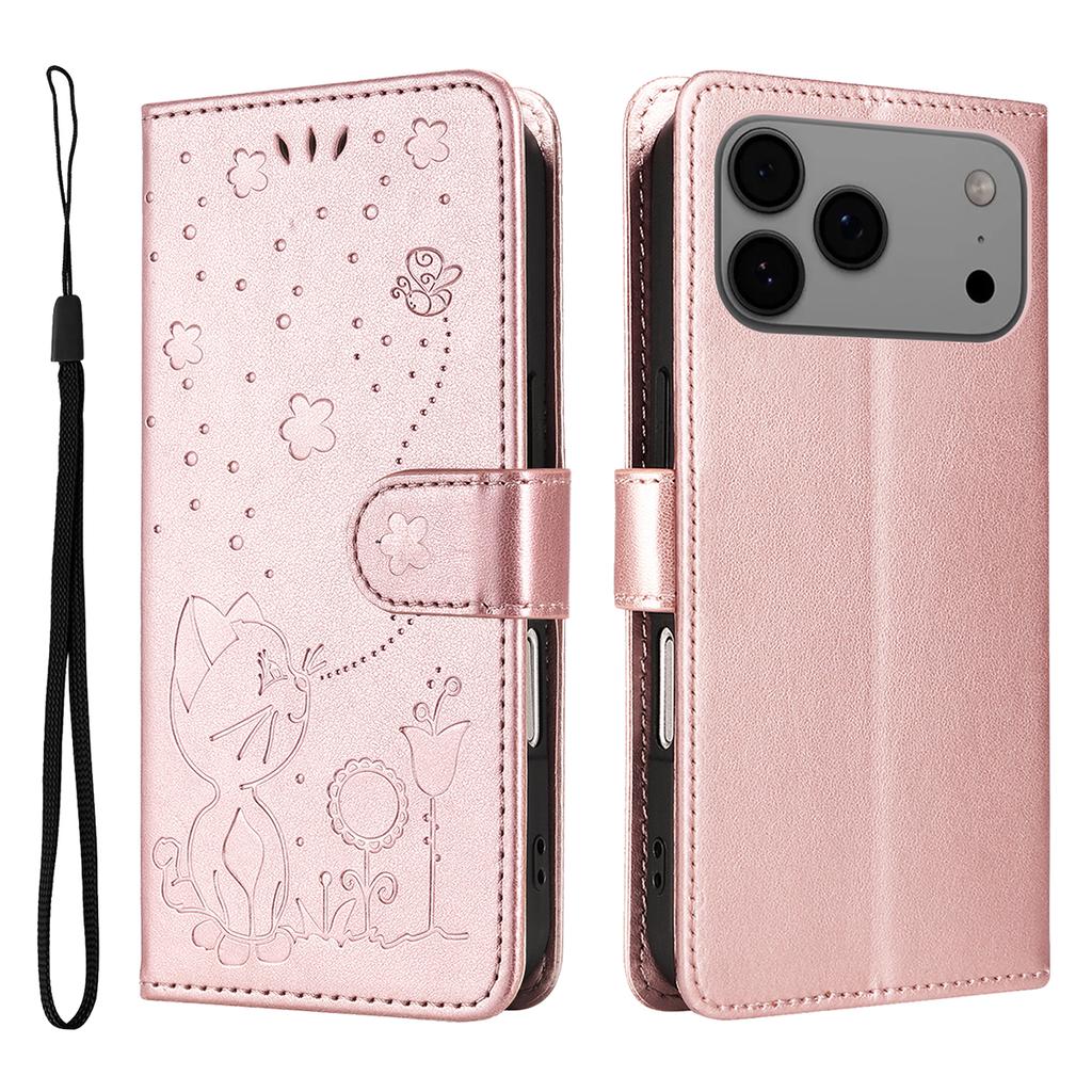 Für iPhone 17 Pro Max Leder Brieftasche Hülle Katze Biene Muster Handyhülle Ständer