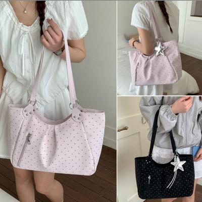High Quality Casual Shoulder Bag PU Leather Khaki Color Handbag Polka Dot Lightweight Tote Bag