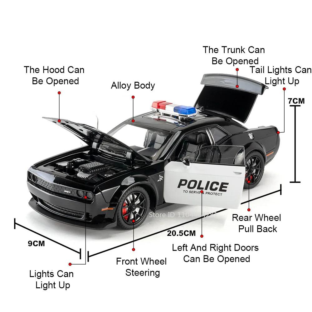 1:24 Challenger Srt Hellcat Legierungs-Polizeiauto Diecast Modell Spielzeug Vorderradlenkung Sound Licht Rückzugsfahrzeuge für Kinder Geschenk