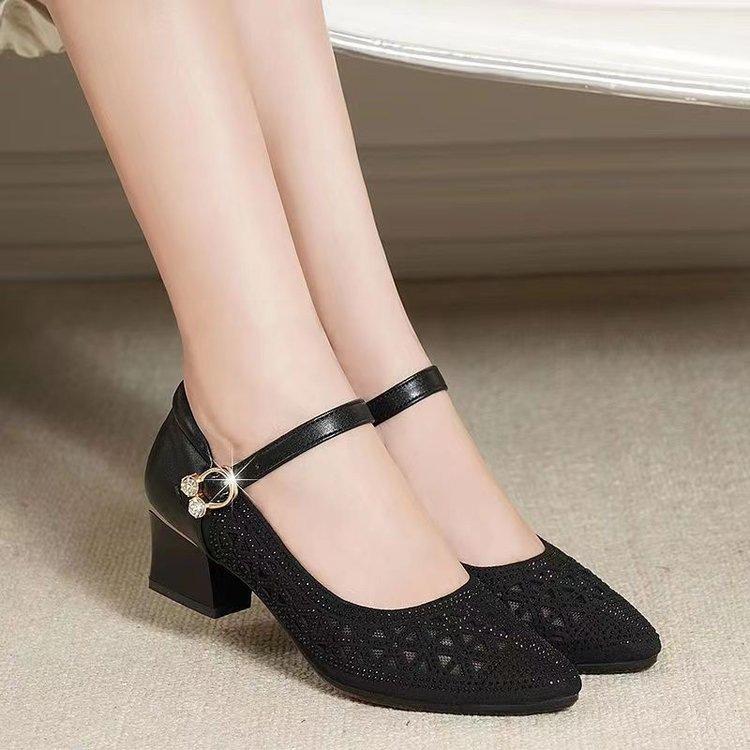 Summer Breathable Single Shoes Sandals Female Mid-heeled Sandals Mesh Sandals Cave Shoes Hollow Breathable Single Shoes Thick with Soft Bottom Shoes