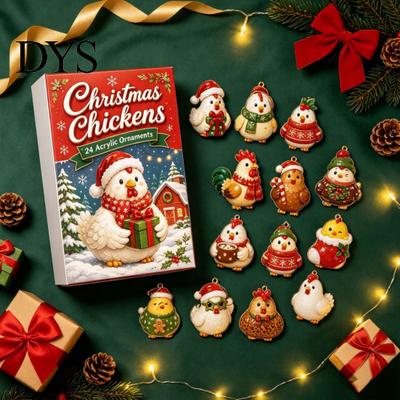 Decorative Xmas Pendant Collection Christmas Chicken Advent Calendar 2026, 24 Unique 2D Acrylic Holiday Countdown Surprise Gift Ornaments, Cute