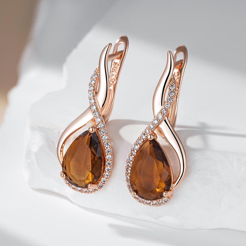 Light Brown Natural Zircon English Earrings For Women Water Droplets Rose Gold Color High Quality Daily Jewelry