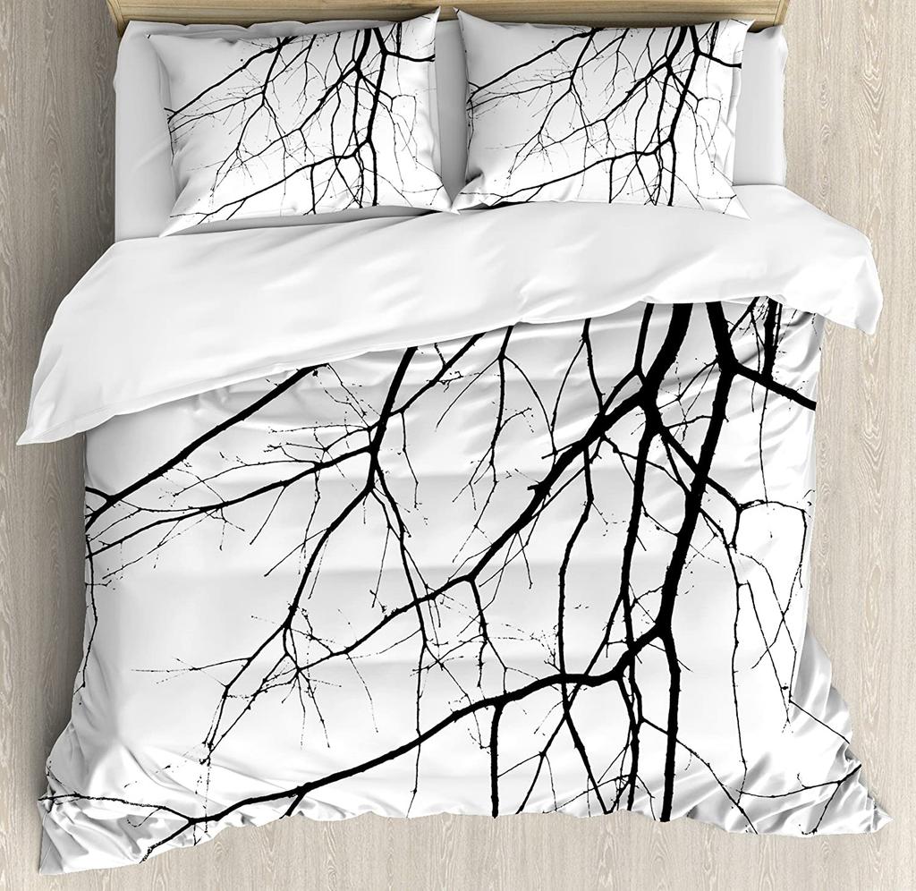 Black And White Bedding Set For Bedroom Bed Home Macro Leafless Winter Tree Branches Idyll Duvet Cover Quilt Cover Pillowcase