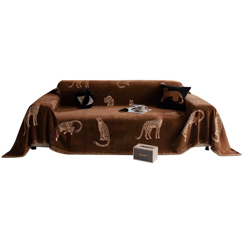 Capa de Sofá Jacquard Chenille Leopardo com Franjas, Design de Almofada T, Capa de Proteção Reversível Luxuosa para Poltrona a Sofá Seccional
