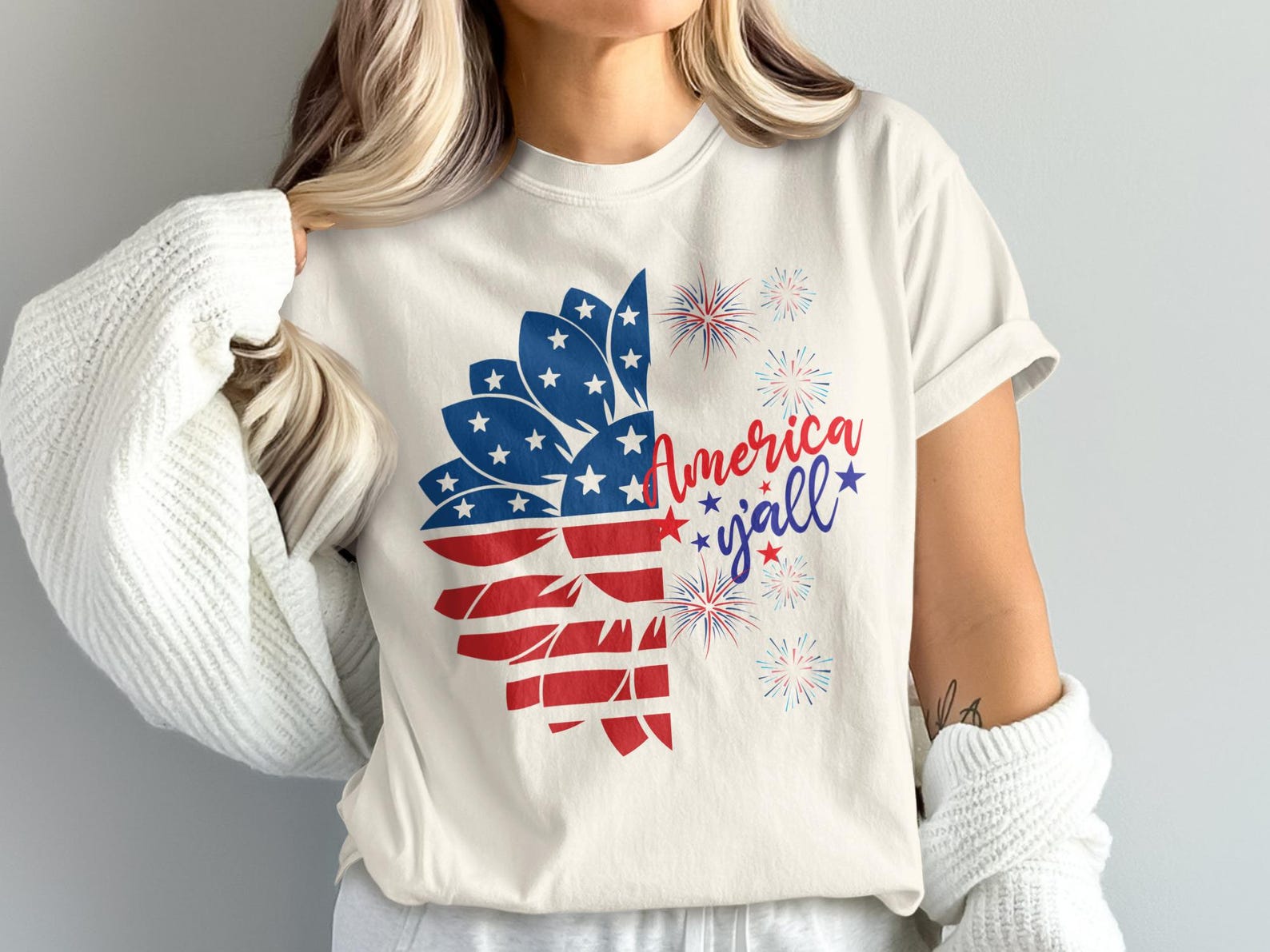 America Y all T-Shirt, Patriotic Sunflower USA Flag Tee, 4th of July top S